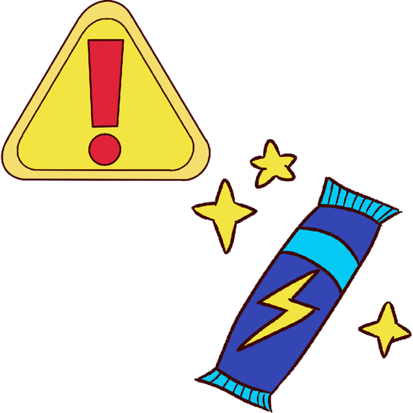an electrolyte packet next to a yellow triangle with a red exclamation mark